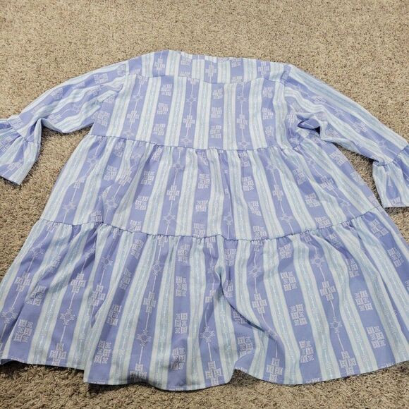 Michelle McDowell Dress Womens 2X Blue Geometric V Neck Pleat Bell Sleeve - Picture 7 of 8